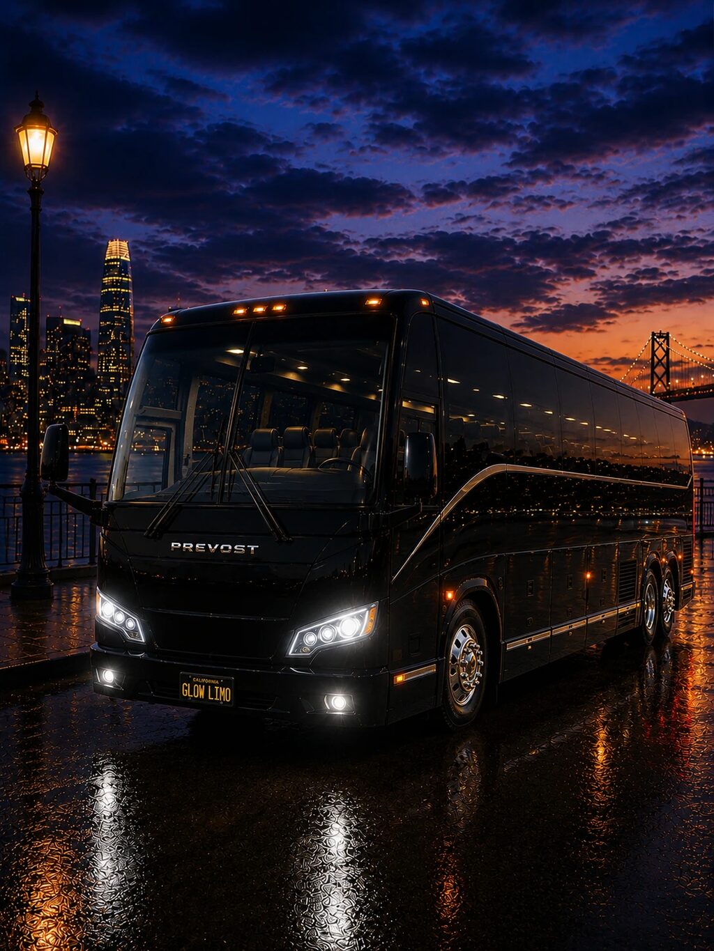 Black luxury charter coach on the rain-slicked San Francisco waterfront at dusk, city skyline and Bay Bridge behind