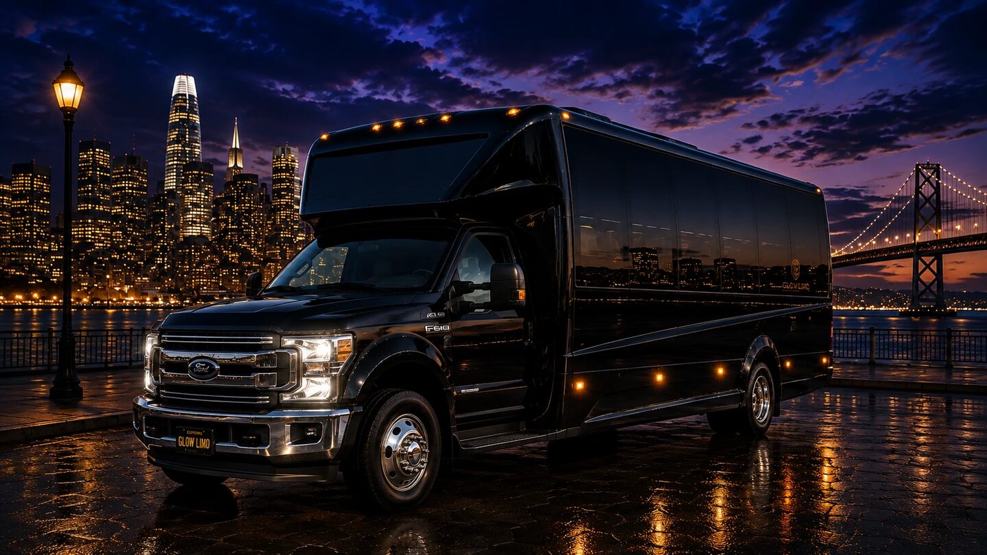 Black mini bus on the rain-slicked San Francisco waterfront at dusk, city skyline and Bay Bridge behind